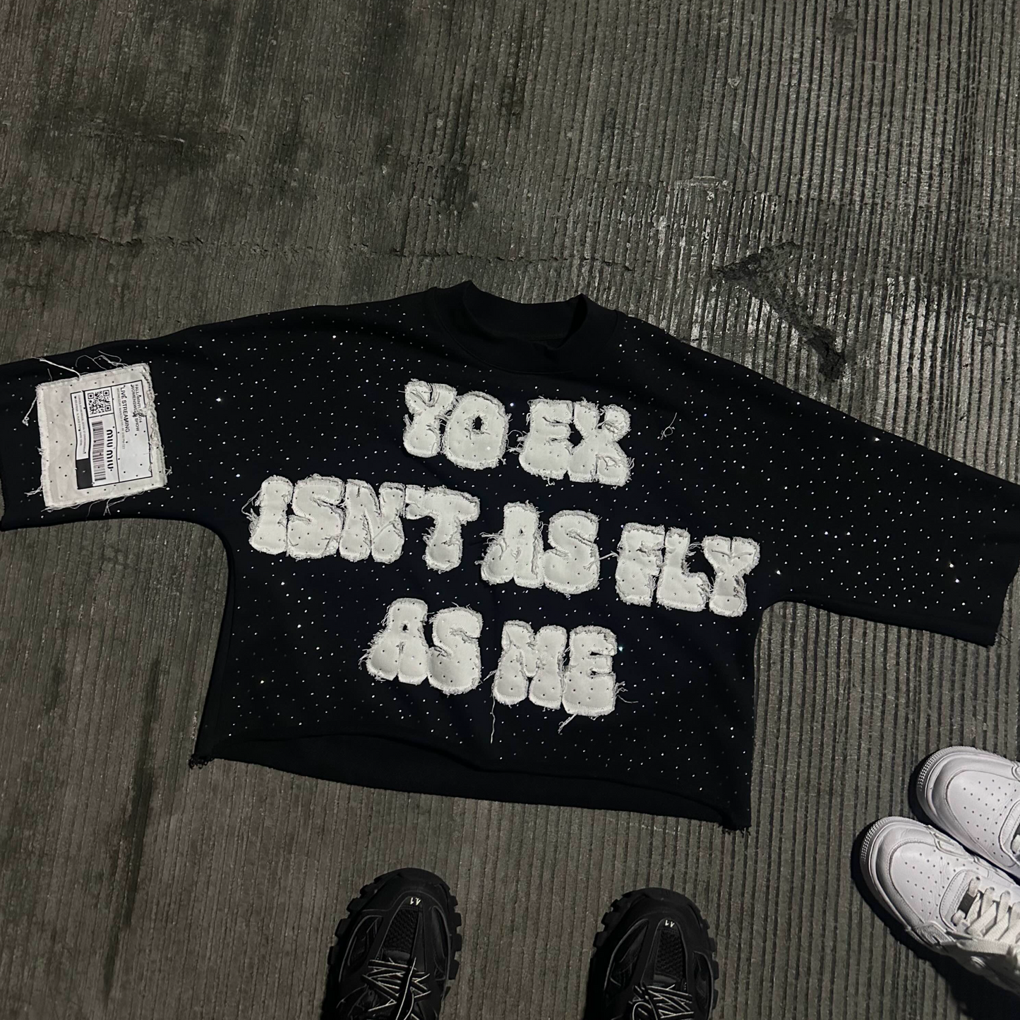 Cropped rhinestone "YOUR EX ISNT AS FLY AS ME" shirt.